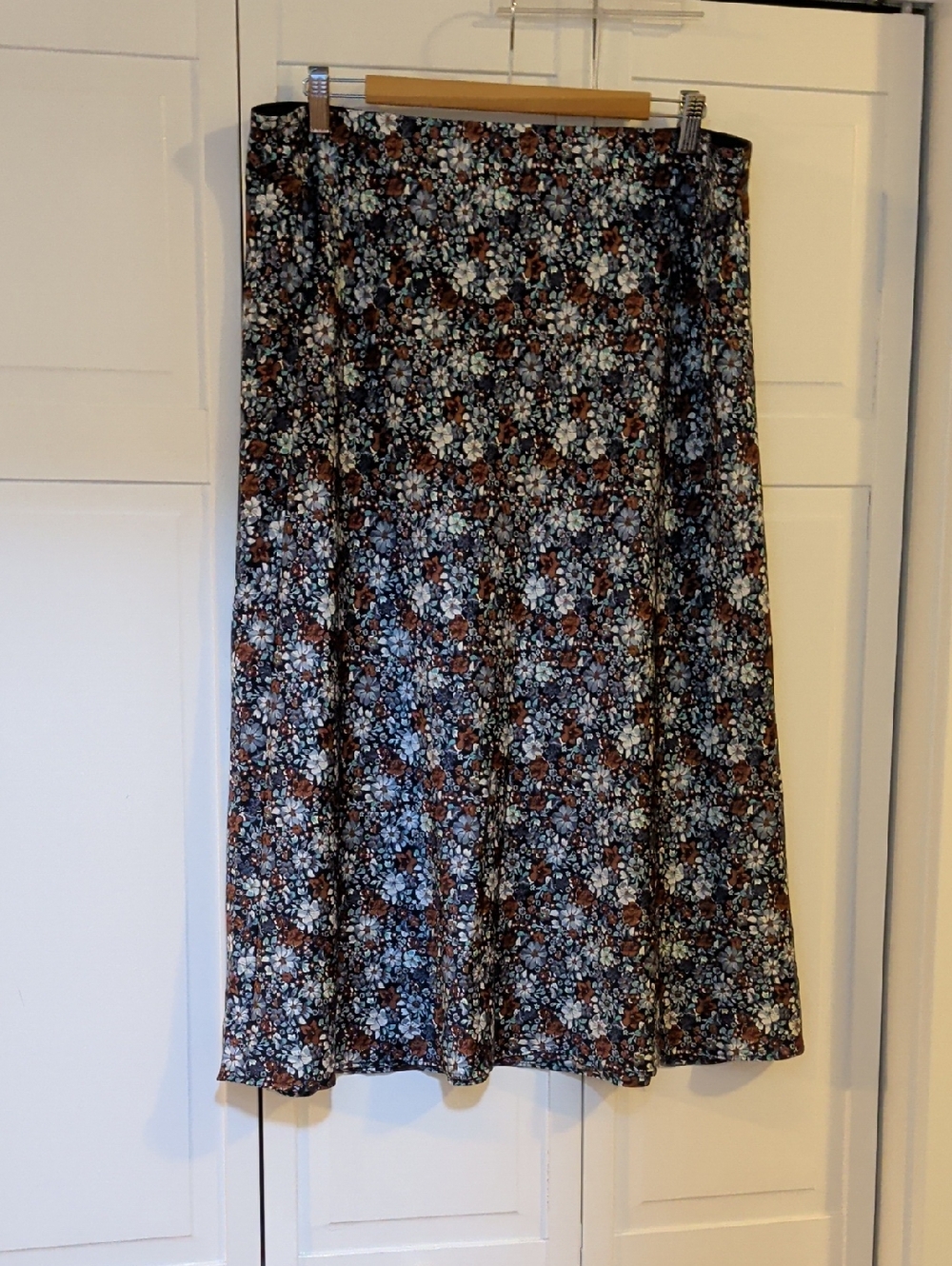 LOFT Satin Pull On Blue and Brown Floral Midi Skirt